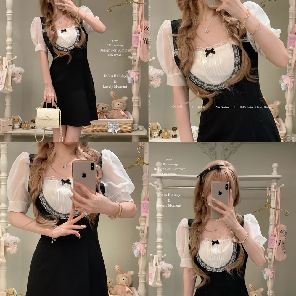 Japanese Kawaii Gyaru Black White Lace Ribbon Mini Dress